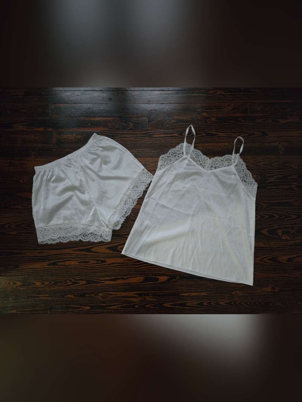 White Satin Pajama Set Small Cami Top & Lace Hem Shorts 2pc Bridal Coquette Glam